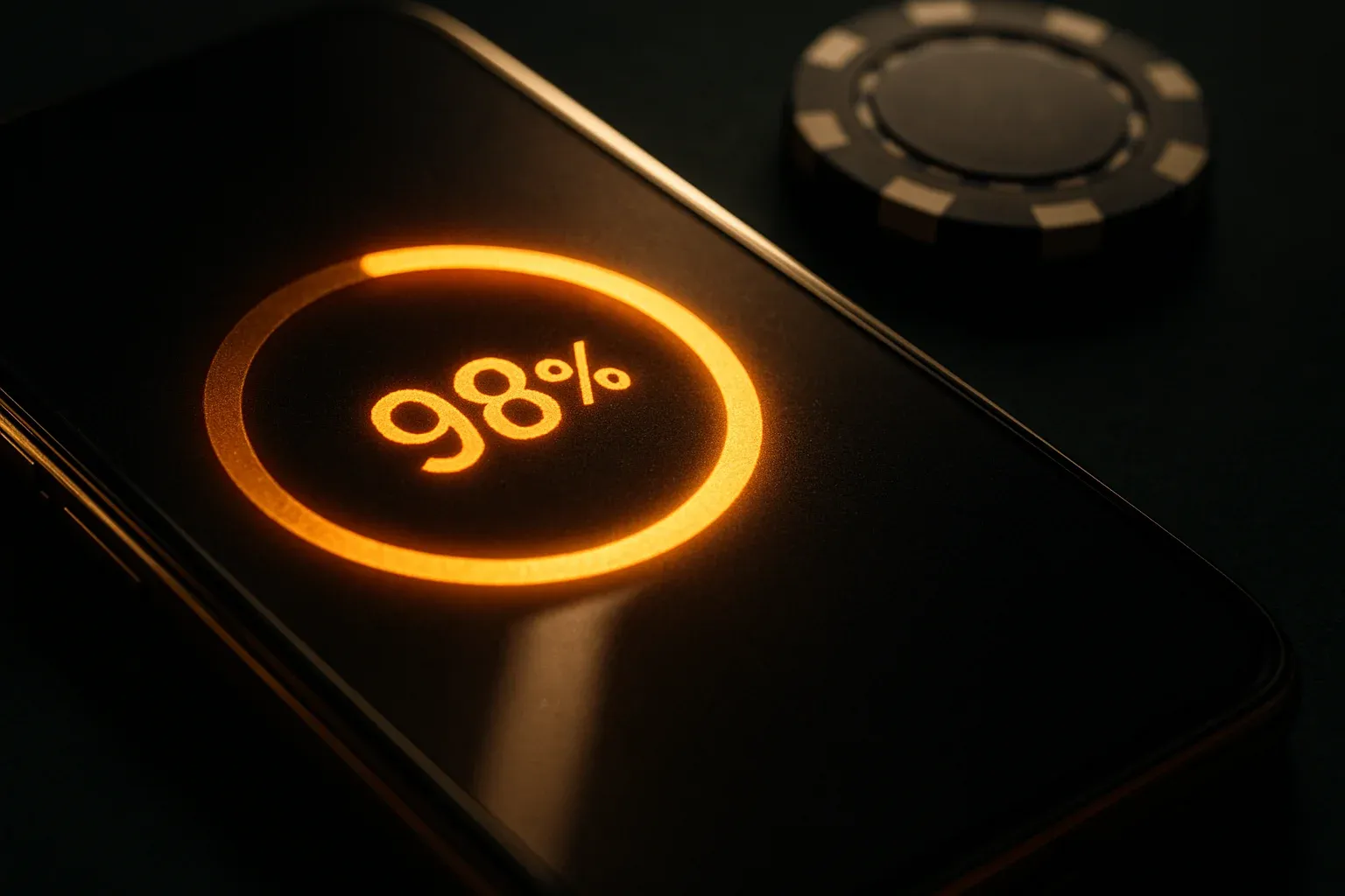 Macro cinematic photo of smartphone showing casino app download at 98%