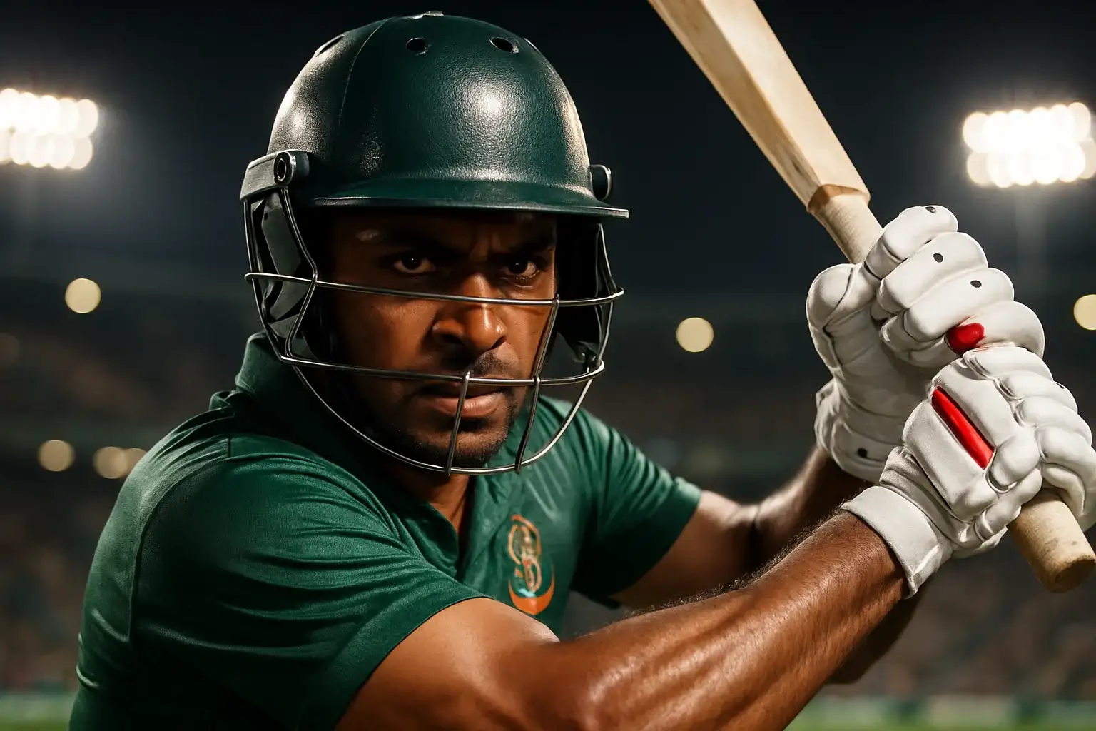 Ultra-realistic close-up of Bangladeshi cricket batsman in aggressive batting stance