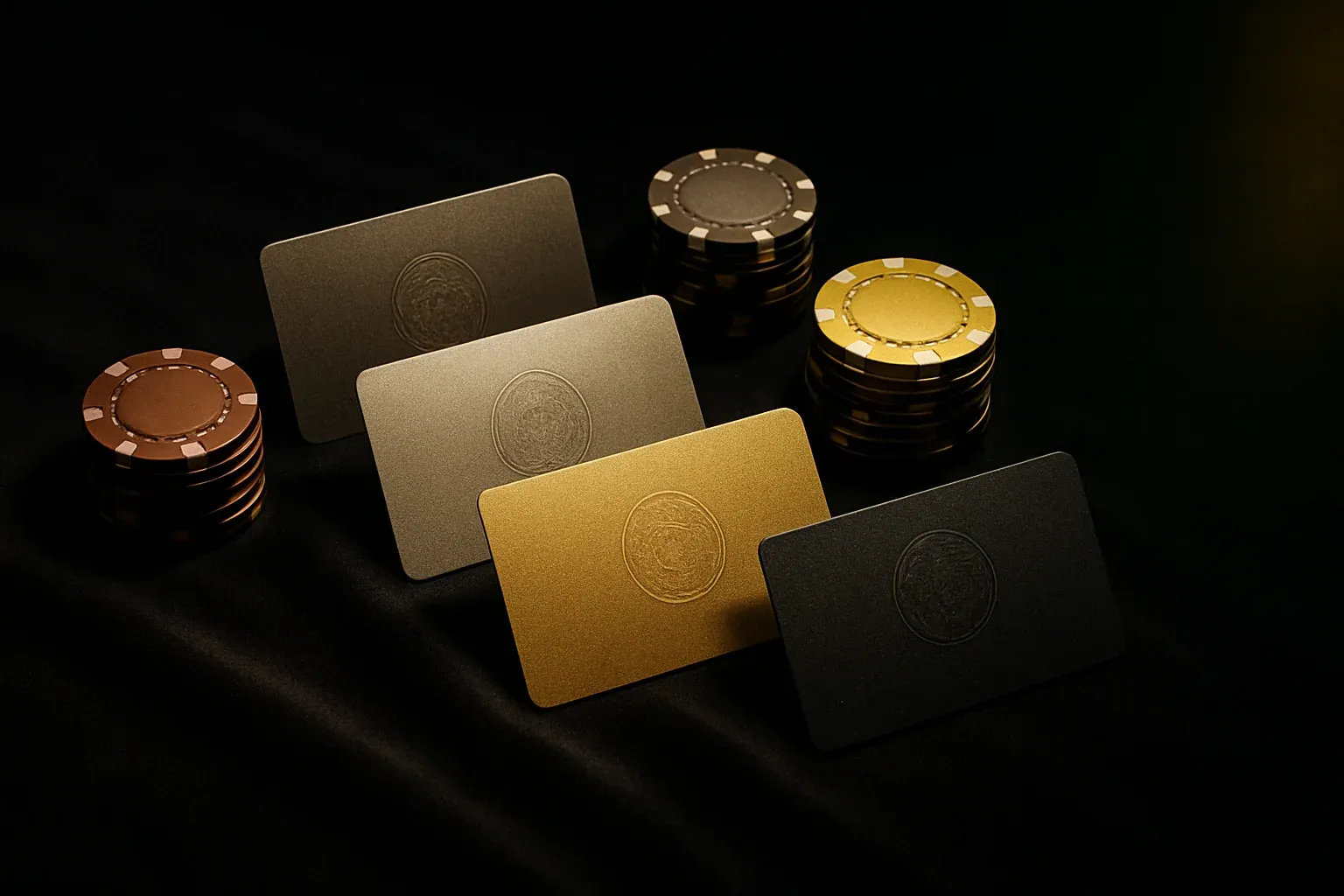 Elegant casino VIP loyalty tiers with chips on dark velvet