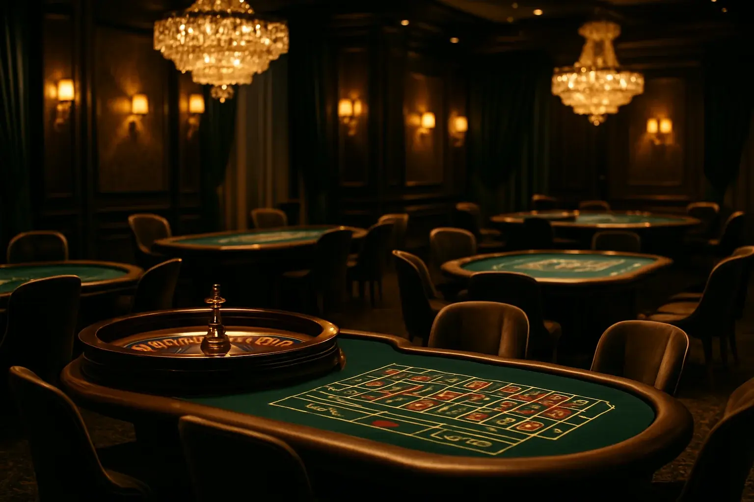 Ultra-realistic wide shot of luxury live casino studio with elegant gaming tables