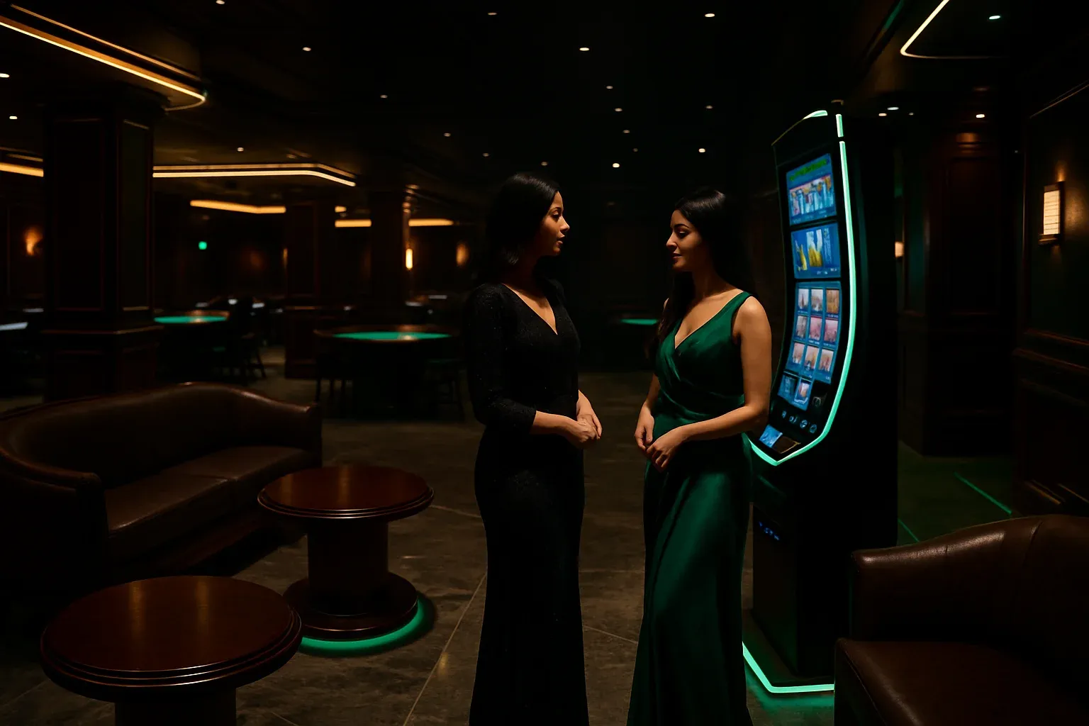 Ultra-realistic dark casino lobby in Dhaka with mahogany, LED accents, women