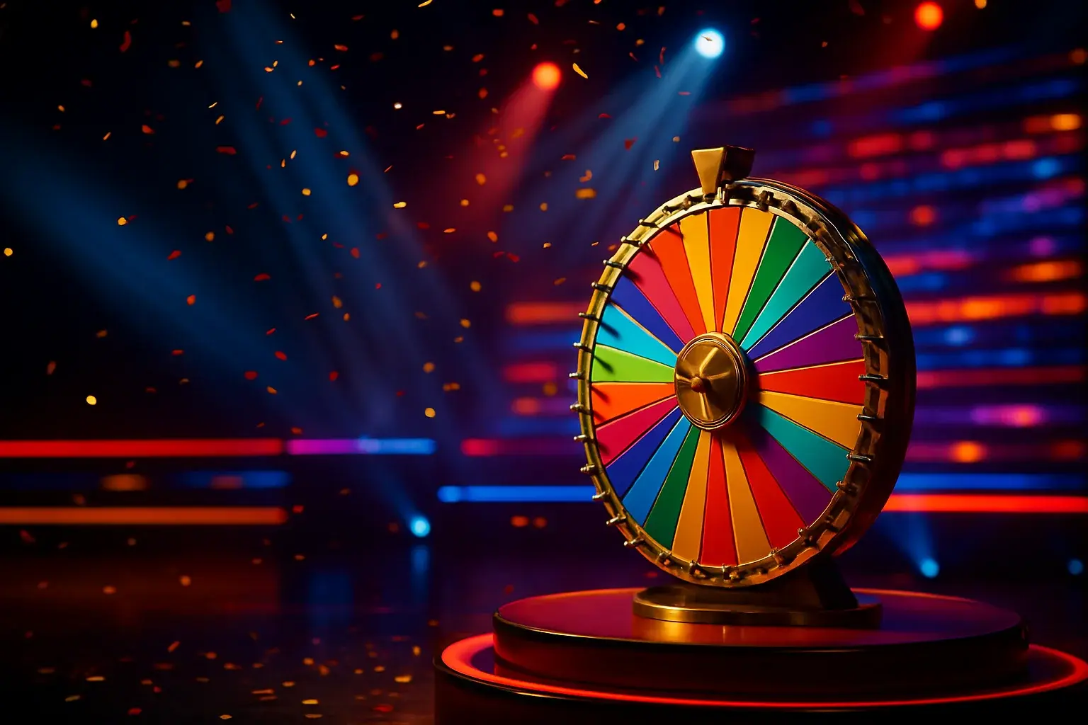 Ultra-realistic live game show studio with spinning money wheel and confetti