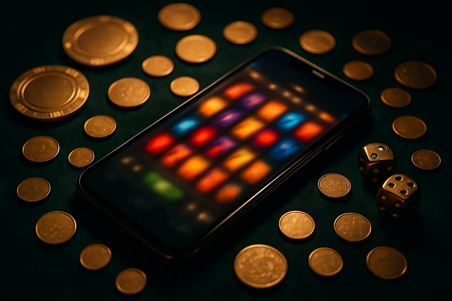 Smartphone showing blurred slot game, gold chips, coins, dice on velvet